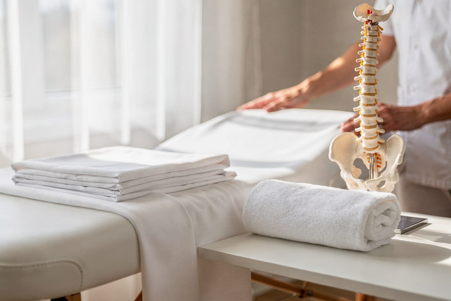 Fresh linen, a rolled towel and a spine model on a treatment table, warm daylight