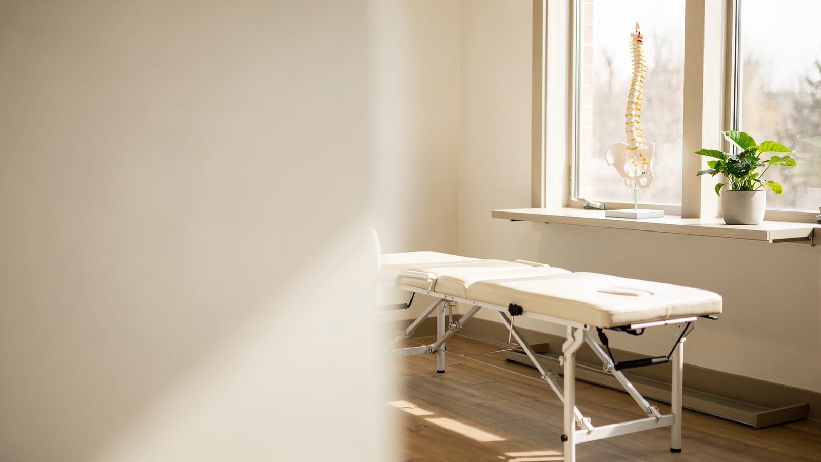 A calm, sunlit chiropractic treatment room at Holden Chiropractic in Highlands Ranch